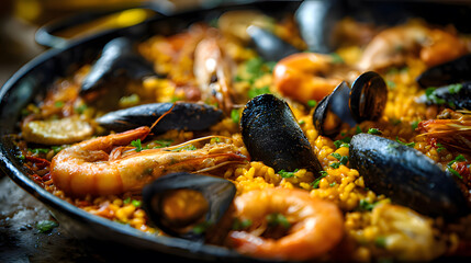 Close-up of traditional Spanish seafood paella with shrimp and mussels.