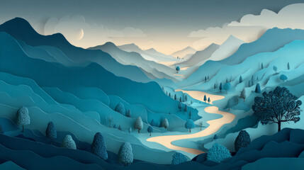 Serene mountain landscape with winding river, layered hills, moonlit sky, and lush trees in a peaceful outdoor natural scenery illustration