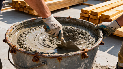 Person mixing concrete in a bucket