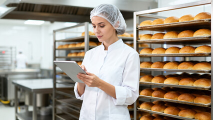 Woman in bakery working with tablet