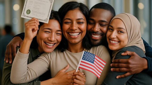 Group of diverse friends celebrating new citizenship USA with flag and certificate, embracing joyfully indoors during a citizenship ceremony