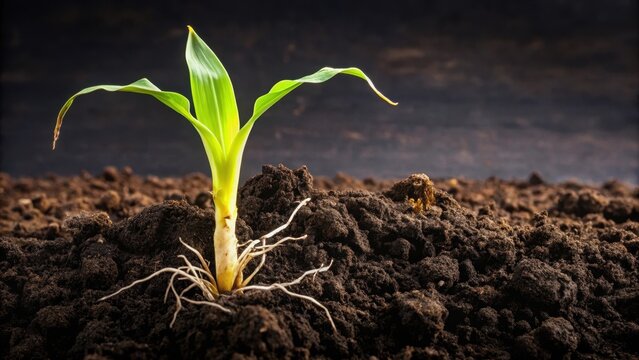 Germinated corn seedling emerging from dark fertile soil with visible root structure and delicate green shoots, nature