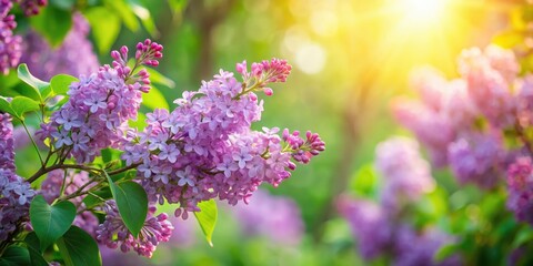 Obraz premium Softly blooming fragrant lilac flowers sway gently in the spring breeze amidst lush greenery and vibrant blooms in a serene garden scene , blossom, garden