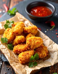 Crispy fried chicken bites with spicy sauce