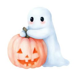Friendly Ghost and Pumpkin: A cute cartoon ghost tenderly embraces a vibrant jack-o'-lantern, a symbol of spooky season, creating a charming Halloween illustration