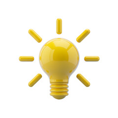 A bright 3d yellow light bulb icon glowing with radiating light beams isolated on transparent background
