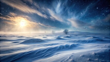 Obraz premium Deep snowstorm with heavy snowfall and strong winds blowing across a deserted landscape at dusk