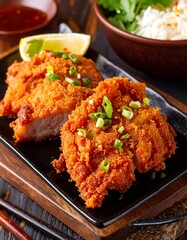 Crispy fried chicken, sliced pieces, garnished with green onions, served on a dark pan