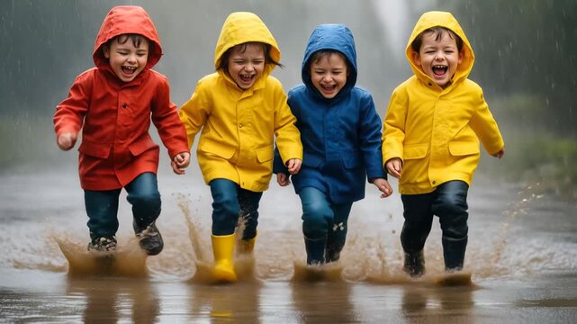 Four Children in Colorful Raincoats Splashing in a Puddle on a Rainy Day, Expressing Joy and Playfulness Outdoors With Shallow Depth Of Field