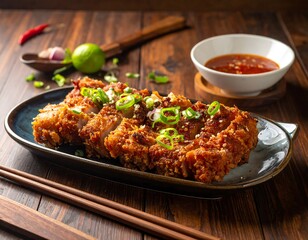 Crispy fried chicken slices on a dark plate