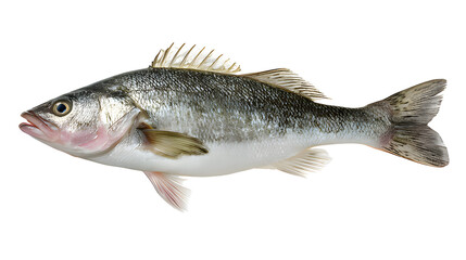 Obraz premium Single fresh sea bass fish isolated, food photography on white background.