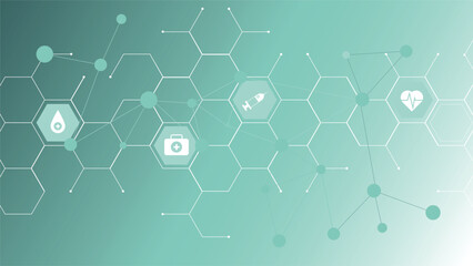 Modern healthcare background with hexagon grid, syringe, heart, and medical icons in teal tones. Ideal for hospital, clinic, health, and digital medicine design concepts.