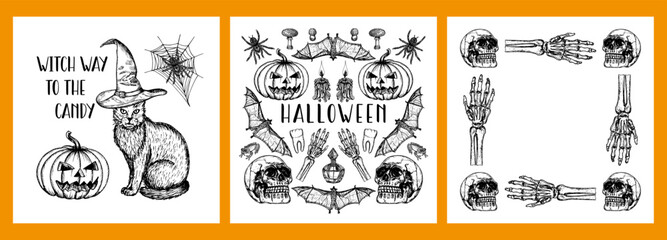 Fototapeta premium Halloween card and frame designs - sketch outline illustration with lettering phrase. Skull, bat, spider, pumpkin drawings in engraving style. Hand-drawn vector line art, sticker, poster, invitation