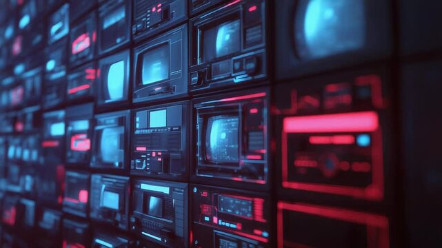 Retro cyberpunk server room with glowing screens and data