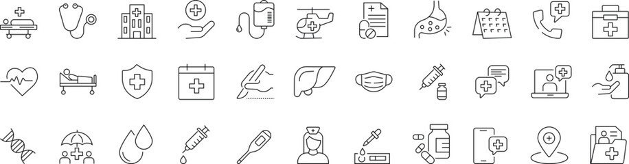 Medical healthcare line icon set with editable stroke, featuring vector pictograms of stethoscope, thermometer, syringe, pill, medicine, emergency, cross, heart, blood test, ambulance, bed