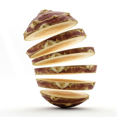 Sliced taro root floating in mid-air against a clean white background during a creative food photography session