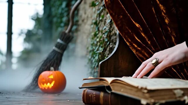 Jack o lantern, witch broom, and a woman hand reading old book in a mysterious dark academia halloween setting footage