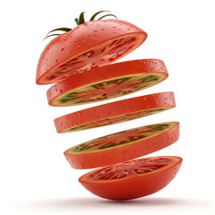 Slices of ripe tomato floating in mid-air showcasing vibrant color and freshness for culinary presentations