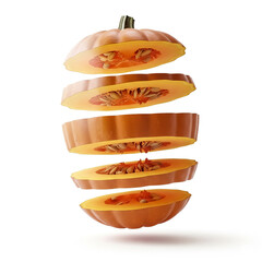 Sliced pumpkin showing vibrant orange flesh and seeds in an artistic display of layers
