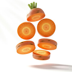 Floating slices of carrot create an eye-catching display in a bright, neutral background