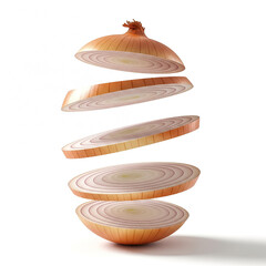 Sliced onion showcasing layers floating in mid-air with a clean background