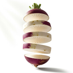Sliced eggplant shown in layers highlighting texture and color against a white background