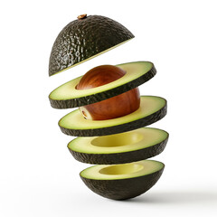 Sliced avocado showcasing internal layers with pit suspended in mid-air