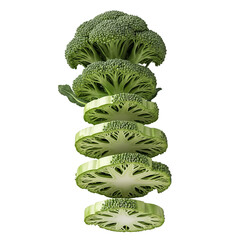 Broccoli cut into slices showcasing the vibrant green color and texture of each piece in a creative display
