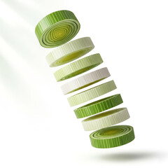 Sliced green onions floating in air with artistic presentation in bright light