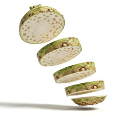 Floating slices of celery root showcase texture and freshness in a creative culinary display