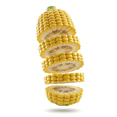 Floating corn showing cross-section slices with vibrant yellow kernels in a creative arrangement