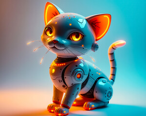 Robot cat with glowing eyes sits gracefully in a modern, colorful setting