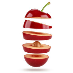 Sliced red apple showing layers and interior details arranged in a floating display