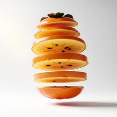 Sliced persimmon hovering against a clean background in a minimalist composition with focus on freshness and texture