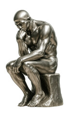 A metal statue of a seated thinker, perfect for an apartment balcony.