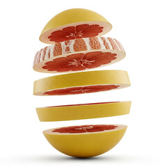 Bright yellow grapefruit segments floating in the air showcasing their vibrant red flesh