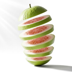 Sliced green guava fruit stacked in an artistic arrangement showcasing vibrant pink flesh and textures