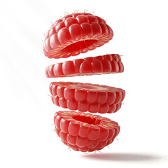 Red raspberries floating in a unique arrangement highlighting their texture and luminosity in a simple background