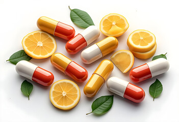 Colorful capsules arranged around fresh lemon slices create a vibrant and healthy display on a white background