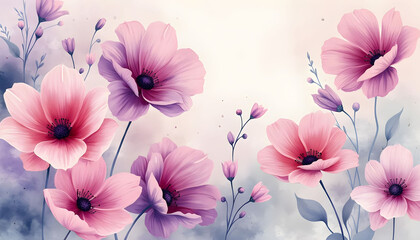 Beautiful arrangement of pink and purple flowers in a soft watercolor background with delicate details