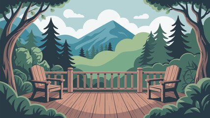 A serene deck scene overlooking a mountain vista with chairs trees and a wooden deck illustration