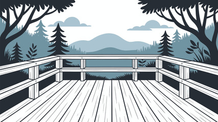 Illustration of a wooden deck overlooking a mountain range with trees and clouds in the background