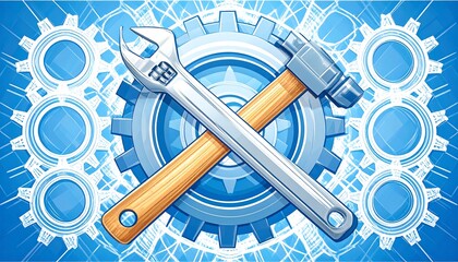 Crossed tools and gears on a blue background
