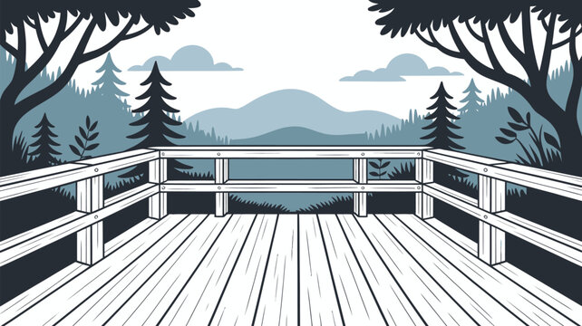 Illustration of a wooden deck overlooking a mountain range with trees and clouds in the background