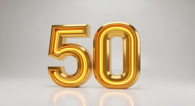 Close-up shot of the metallic gold number fifty (50) standing against a light grey background, with a glossy texture and studio lighting, conveying a celebratory