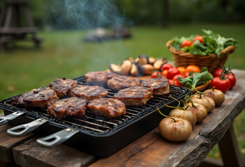 Grilling marinated meat and fresh vegetables outdoors during a sunny day in a backyard setting
