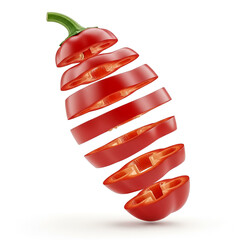 Red bell pepper sliced into multiple segments floating against a white background