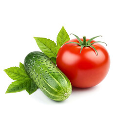 Fresh tomato and cucumber on white background with green leaves showcasing natural produce