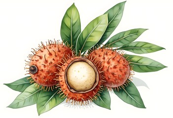 Exotic fruit arrangement featuring lychee and tropical green leaves in a natural setting