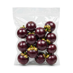 Fresh mangosteen fruit displayed in a clear plastic bag for sale at a grocery store or market